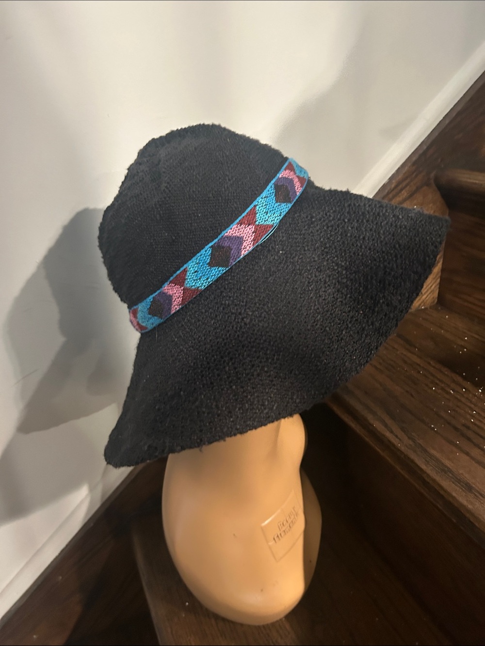 Black Wide-Brim Woven Sun Hat with Aztec Style Turquoise & Purple Band - Picture 4 of 9